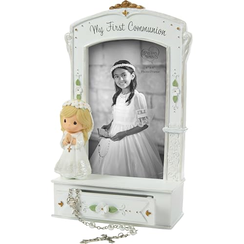 Precious Moments 252413 My First Communion Photo Frame with Storage Drawer and White Rosary, Resin and Glass Picture Frame, Holds 4 x 6 in Photo, Catholic Communion Gift