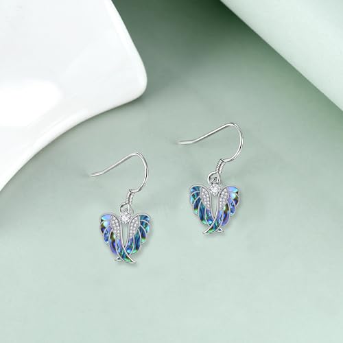 YFN Angel Wings Earrings 925 Sterling Silver Guardian Angel Dangle Drop Earrings Abalone Shell Angel Wings Jewelry for Women Gifts