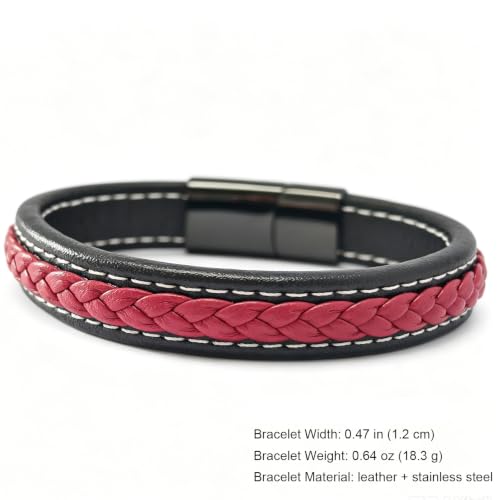 Kim Carrey Italian Handmade Leather Bracelets for Men - color: Black Red, size: 8.6"