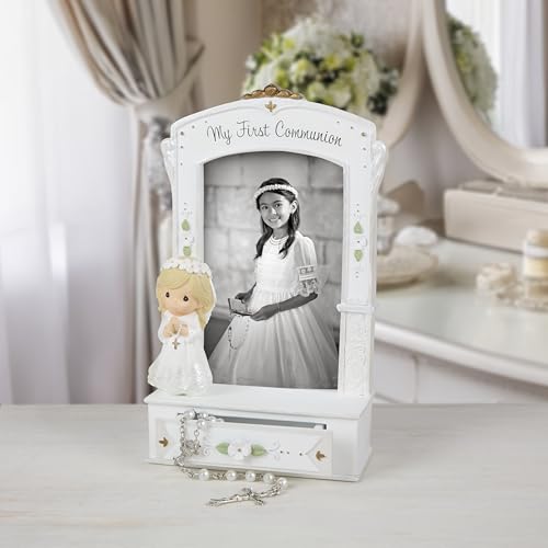 Precious Moments 252413 My First Communion Photo Frame with Storage Drawer and White Rosary, Resin and Glass Picture Frame, Holds 4 x 6 in Photo, Catholic Communion Gift