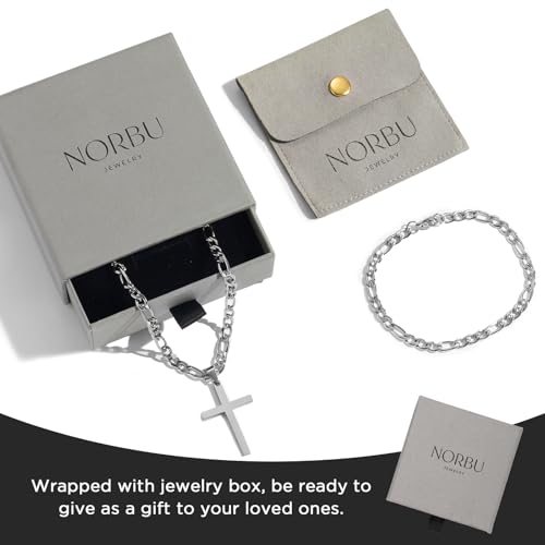 NORBU Stainless Steel Cross Necklace and Bracelet Set for Men, Cuban Link - color: Silver Figaro