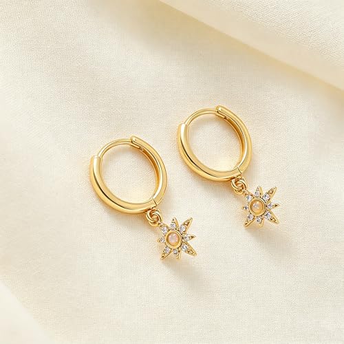 Dangle Earrings for Women, Dainty Huggie Hoop Dangle Earrings - color: Starburst 01 Dangle Gold