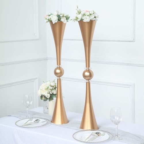 Efavormart 2 Pack | 31" Gold Crystal Embellishment Trumpet Table Centerpiece, Reversible Plastic Flower Vase - color: Gold, size: 31"