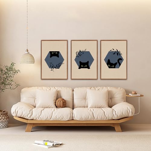 LHIUEM Boho Black Cat Framed Canvas Wall Art,Abstract Cute Animal Wall Decor,Modern Funny Kitty Painting,Beige Dark Leaves Artwork for Living Room,Bedroom,Dining Room -16"x24"x3 - color: Boho Black Cat Wall Art, size: 16''x24''x3