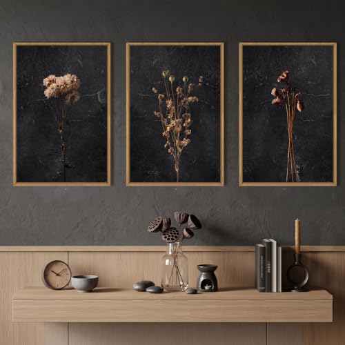 Large Boho Moody Dark Floral Framed Canvas Wall Art Set -24"x36"x3 - color: Moody Dark Wall Art, size: 24"L x 36"W