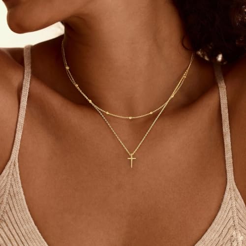 Cross Necklace for Women, Dainty Gold Necklace Tiny Cross Charm Necklace - color: Gold-Beaded+Cross