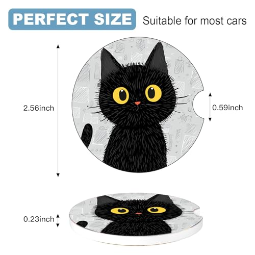 Ceramic Car Cup Holder Coasters Set of 2, 2.56 in Black Cat - color: Black Cat