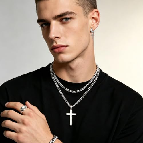 NEWITIN 37 Pieces Silver Jewelry Set for Men Stainless Steel Cross Jewelry - color: Silver