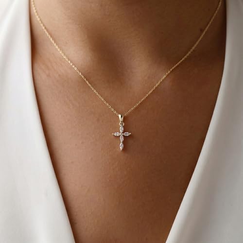 Cross Necklace for Women, Dainty 14K Gold Plated CZ Pendant - color: Gold-marquise cz cross