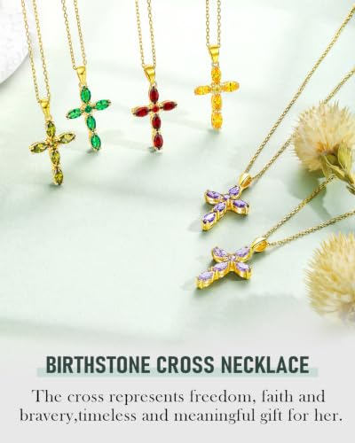 14K Gold Plated Birthstone Cross Pendant Necklace for Women Men - color: 08-Created Peridot-Aug
