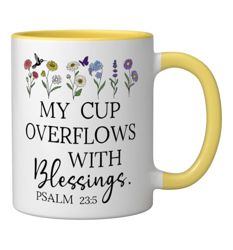 My Cup Overflows With Blessings Jesus Fills My Cup Christian Ceramic Mug, Yellow/White - color: Yellow/White, size: 11 Ounces
