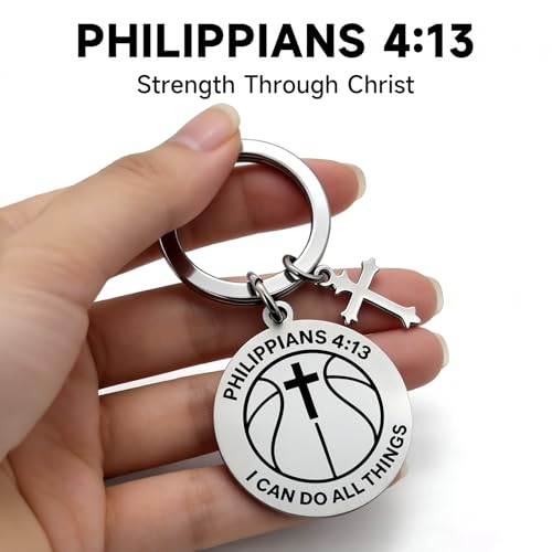 OFlyDesigns Christian Football Sports Keychain, Philippians 4:13 Engraved Inspirational Gift for Men Women Teens - style: Basketball