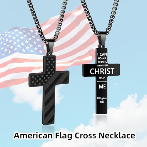 American Flag Cross Necklace for Men, Christian Confirmation Baptism Gifts - color: Black, style: Philippians 4:13