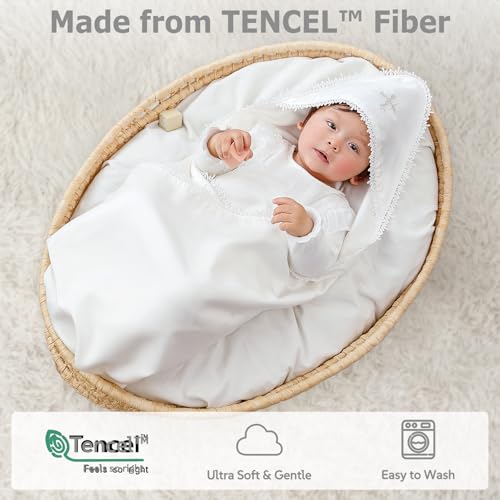 Silky Tencel Hooded Baptism Christening Blanket, Cross Gift, 40''x40 - color: White+ Minimal Cross