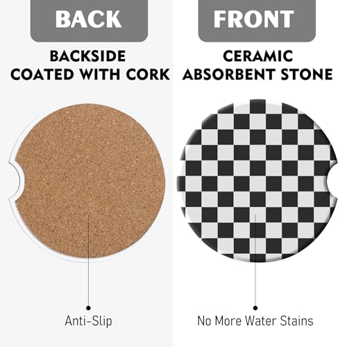 2 Pack Car Coasters for Cup Holders, Cute Car Accessories Interior - color: Grid-black