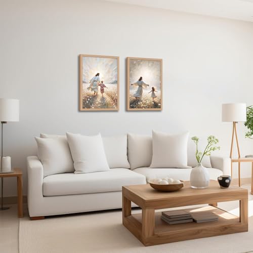 2 Pcs Jesus Walking with Children Wall Art Framed Canvas Prints 16x24in - color: Jesus and the children, size: 16x24in