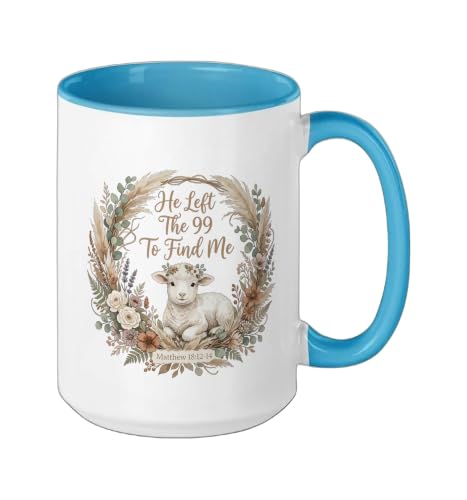 He Left the 99 to Find Me Christian Lamb Bible Verse Matthew Ceramic Mug, Blue/White, 15oz - color: Blue/White, size: 15 Ounces