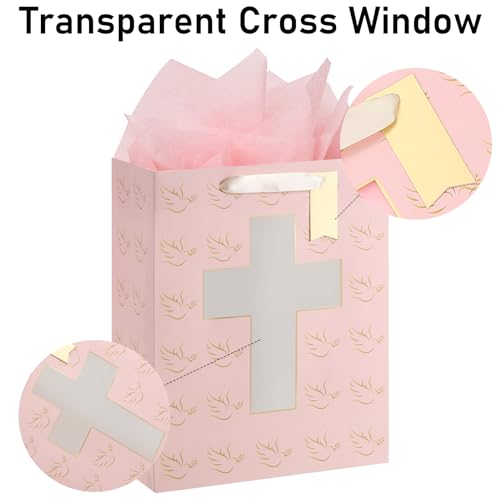 Baptism Gifts for Girls and 13" Pink Gift Bag for Baptism, Christening, Religious Events