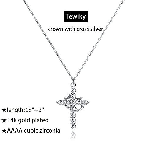Tewiky Christian Gift Stocking Stuffers Cross Necklace for women-Dainty 14k Gold Plated/Silver Plated Pendant Necklaces Simple Cute Tiny Necklace Jewelry for Women - color: Silver Crown Cross