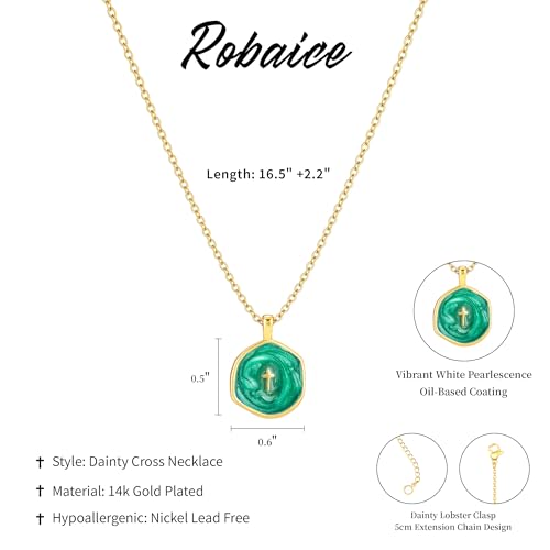 Robaice Cross Necklace for Women, Dainty 14K Gold Plated Cross Necklace - style: disc cross green