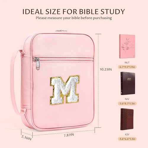WOBAGMEN Bible Cover for Women,Pink PU Leather Personalized Bible Case with Bible Study Supplies,Including Tabs and Highlighter Set, Faith Chiristain Gift for Women Girls (Pink, M) - size: M