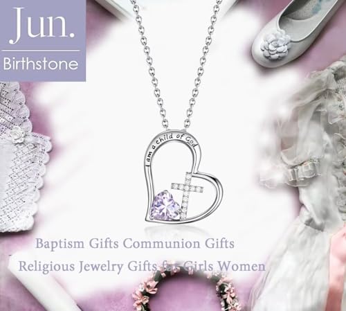 Birthstone Cross Necklace for Girls, Child of God Cross Gifts Jewelry - color: 06. June, style: 01. Silver