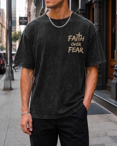 Christian Faith Over Fear Shirt for Men, Jesus Religious Vintage Washed Cotton Graphic Tee with Psalm 118:6 Back Print - color: Black, size: Small
