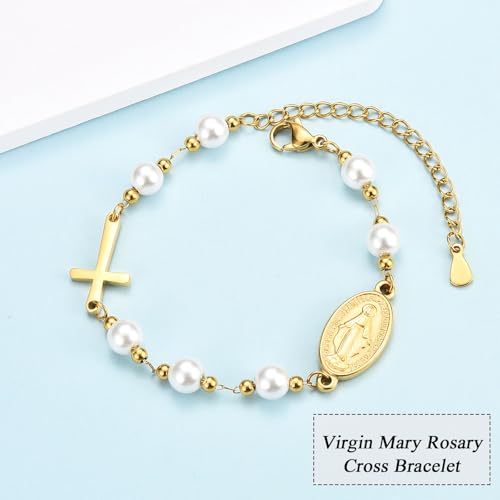 Catholic Gifts for Women Girls, Rosary Beads Virgin Mary Cross Bracelet - color: First Communion