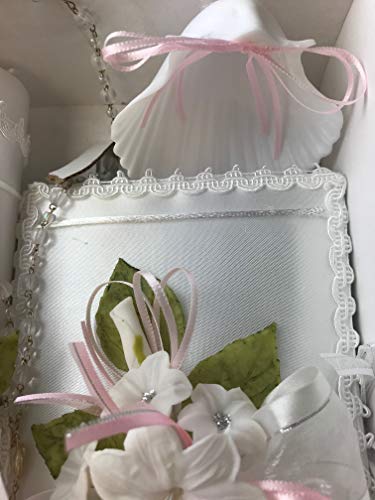 OOKi- Flower Cross Baptism Candle Set Kit for Christenings with Shell - Spanish (Pink) - color: Pink