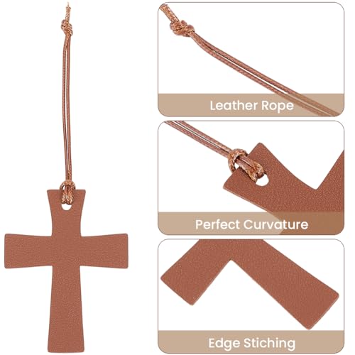 4PCS PU Leather Bible Cross Bookmarks Set for Reading Brown Personalized Blank Book Marks Soft Thin Leather Page Markers with Tassel for DIY Craft Book Mark Bookwormss Readers Christmas