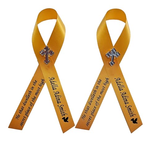 Personalized Memorial Service Funeral Ribbon Pins 20 Cross Religious Celebration of Life Custom Made Awareness Remembrance Anniversary Death Cross Sympathy Name Angel - color: Yellow