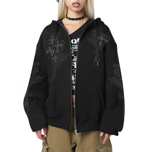 Zip Up Hoodies Y2k Jacket Graphic Gothic Jackets Grunge Cross Hoodie Baggy Streetwear Emo Sweater Aesthetic Clothes - color: Black, size: XX-Large