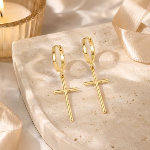 14K Gold Cross Hoop Earrings for Women Dangle Huggie Earrings