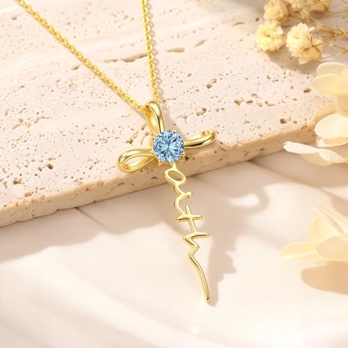 Gold Birthstone Faith Cross Infinity Necklace 14K Gold Religious Cross Pendant Necklaces with Birthstone Jewelry Christian Faith Mothers Day Gifts for Mom Wife Daughter - style: Gold-3