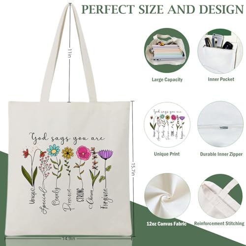Andeiltech Canvas Christian Tote Bags Bible Canvas Bag Faith-Inspired Graphic Book Tote for Church Christian Birthday Gifts - color: God Says You Are