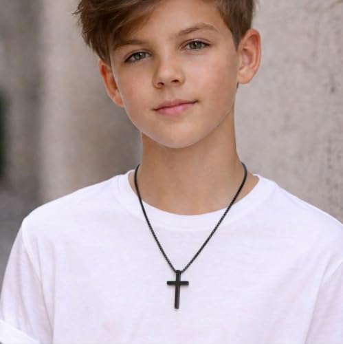 Small Cross Necklace for Boys Baptism Christmas Confirmation Valentines Easter Birthday Gifts to Teens Son Grandson Nephew - color: black, style: bless this boy-1
