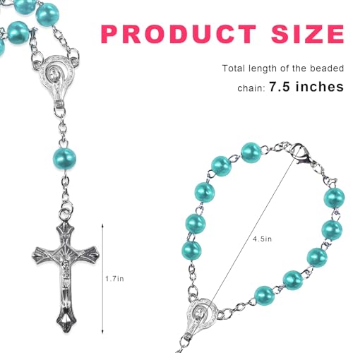 2 PCS Rosary for Rearview Mirror, Religious Cross Bead & Medal Car Rear View Mirror Hanging Ornament, Personalized Rosary Pendant Christian Auto Decoration for Women Men (Blue) - color: Blue