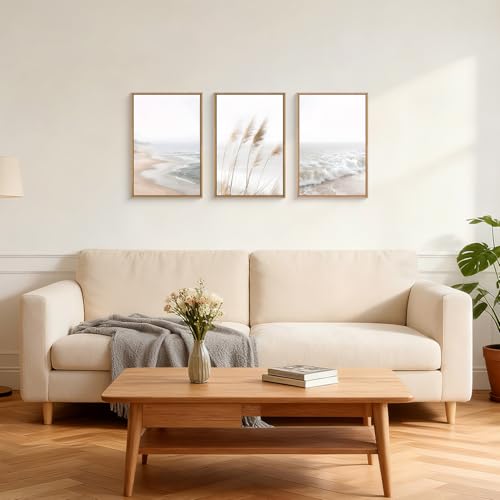 LHIUEM Large Neutral Coastal Reed Framed Canvas Wall Art,Modern Beach Natural Wall Decor,Boho Ocean Waves Picture,Minimalist Beige Seascape Artwork for Living Room,Bedroom,Dining Room -24"x36"x3 - color: Beach Reed Wall Art, size: 24''x36''x3