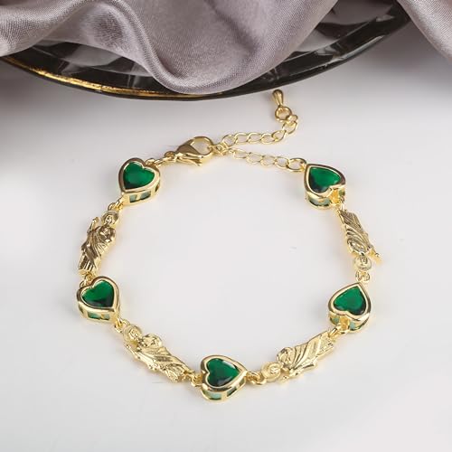 14K Yellow Gold Christian San Judas Bracelet For Women Men - Religious St Jude Bracelet, San Judas Tadeo Bracelet, Pulseras De San Judas Tadeo, Saint Jude Bracelets - color: Green Hearts St Jude Bracelet 12