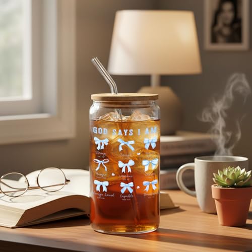 IWXYI Coquette Blue Bow Christian Glass Cup with Lids and Straws 14oz, Christian Gifts for Women, God Says I Am Bible Verse Religious Iced Coffee Tea Drinking Glasses with Cleaning Brush - color: Blue bow