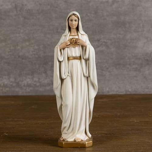 BC Catholic Immaculate Heart of Mary Figure, 6" H Blessed Holy Mother Virgin Mary Statue Indoor, Religious Gifts, Handpainted Renaissance Sculpture Purity & Grace Collection by Buildclassic - color: Gold&white Immaculate Heart