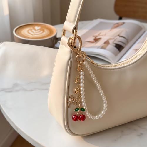 Cute Bag Charms Keychain - Pearl Keyring Wristlet Birthday Gifts - color: Red Cherry