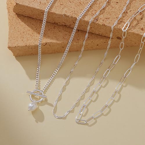 Poxtex Layered Gold Necklaces for Women, Stackable Dainty 14K Gold Silver Plated Trendy Simple Heart Diamond Cross Bow Circle Pendant Paperclip Choker Dot Chain Necklace,Jewelry Set Gifts for Women - color: Silver, style: Pearl1