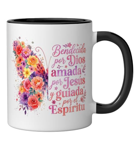 Bendecida Por Dios Amada Por Jesus Christian Spanish Floral Ceramic Mug, Black/White - color: Black/White, size: 11 Ounces