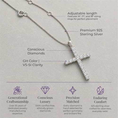 Diamond Cross Necklace for Women | 14K White Gold Plated Sterling Silver - size: 1 carat
