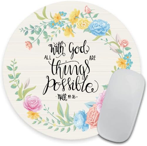 with God All Things are Possible Round Mouse Pad with Stitched Edge Computer Mouse Mat with Anti-Slip Rubber Base for Office Laptop Gaming Working - color: Math 19:26