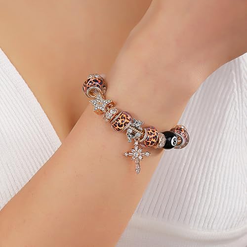 Y2k Charm Bracelet for Women Star Cross 8 Ball Leopard Beaded Bracelet - color: Gold