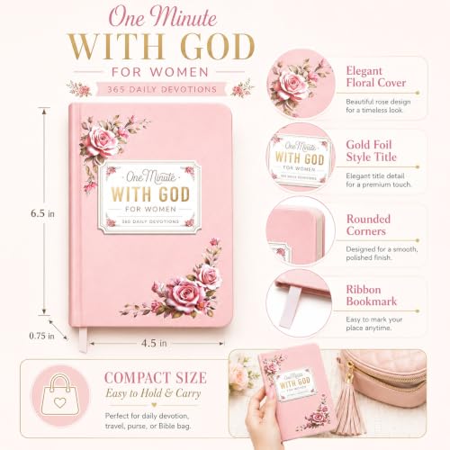Pink One Minute With God for Women, 365 Daily Devotions Prayer Journal, End of Book Tape Catalogue Design Christian Devotional Book, Inspirational Bible Study Gift for Women, Mom, Sister, Friend