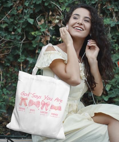 Coquette Bow Bible Canvas Tote Bag for Women Teens Teen Girls, Pink Bow Girls Tote Bag, Coquette Gifts - color: Pink Christian Bow