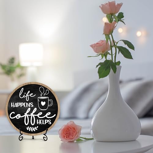 Coffee Bar Sign, Round Wooden Plaque, 6 Inches, Modern Style, Tabletop Mount, Coffee Decor - color: Life Happens Coffee Helps